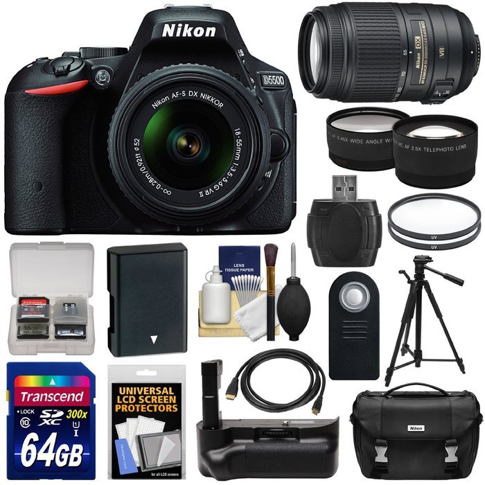 Nikon D5500 Wi-Fi Digital SLR Camera & 18-55mm G VR DX II (Red) & 55-300mm VR Lens + 64GB Card + Battery + Grip... N5