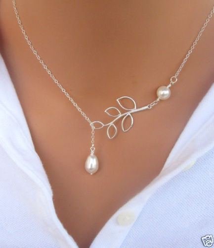 Lady's Charm Simple Leaves Pearl Statement Choker Silver Chain Necklace Jewelry N3