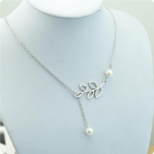 Lady's Charm Simple Leaves Pearl Statement Choker Silver Chain Necklace Jewelry N4
