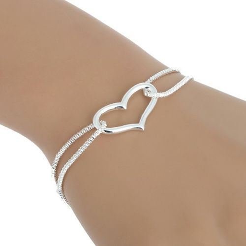 Silver Heart Love Pendant Box Chain Bracelet Pretty Jewelry Women's N4