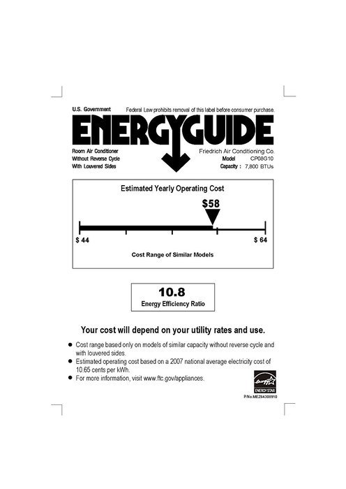 Friedrich CP08G10 7800 btu - 115 volt - 10.8 EER Chill series room air conditioner N2
