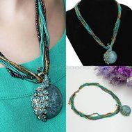 Latest Elegant Millet Chain Crystal Peacock Gem Pendant Necklace Jewelry Blue N2