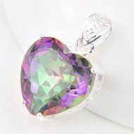 Woman Silver Love Heart Rainbow Mystical Topaz Gemstone Silver Necklace Pendant N2