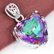 Woman Silver Love Heart Rainbow Mystical Topaz Gemstone Silver Necklace Pendant N3