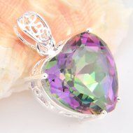 Woman Silver Love Heart Rainbow Mystical Topaz Gemstone Silver Necklace Pendant N4