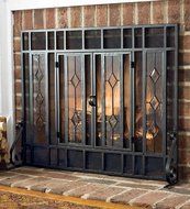 Small Beveled Glass Diamond Fireplace Screen With Alternating Panels And Small Powder-Coated Tubular Steel Frame...