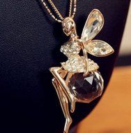 Fashion Lady Gold Plated Opal Crystal Angel Wing Sweater Chain Pendant Necklace