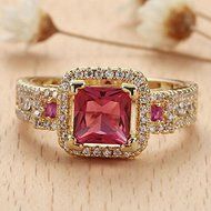 New Women Fashion 18k Yellow Gold Plated Princess Cut Ruby Ring Wedding Jewelry (7) N3