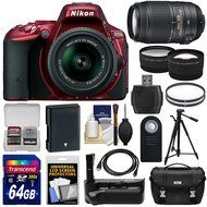 Nikon D5500 Wi-Fi Digital SLR Camera &amp; 18-55mm G VR DX II (Red) &amp; 55-300mm VR Lens + 64GB Card + Battery + Grip... N9