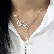 Lady's Charm Simple Leaves Pearl Statement Choker Silver Chain Necklace Jewelry N5