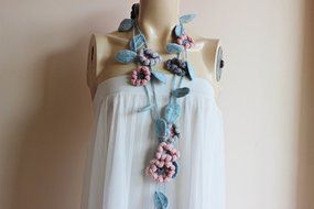 Flower Scarf-Blush and Grey Scarf with Seafoam Leaves-Lariat Necklace -Dahlia Crochet Scarf- Christmas Gift For...