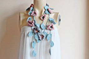 Flower Scarf-Blush and Grey Scarf with Seafoam Leaves-Lariat Necklace -Dahlia Crochet Scarf- Christmas Gift For... N2