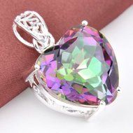 Woman Silver Love Heart Rainbow Mystical Topaz Gemstone Silver Necklace Pendant N5