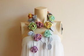 Rose Scarf-Rose Crochet Scarf-Navy White Red Roses With Grey Leaves-Lariat Necklace - Christmas Gift For Her Girlfriend... N8