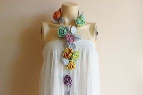 Rose Scarf-Rose Crochet Scarf-Navy White Red Roses With Grey Leaves-Lariat Necklace - Christmas Gift For Her Girlfriend... N9