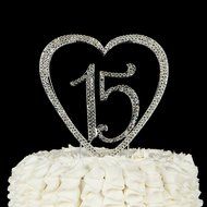 15 Cake Topper 15th Birthday Anniversary Quincea&ntilde;era Rhinestone Number Decoration (Silver)