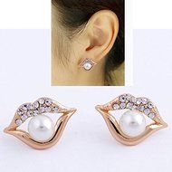 Lip Pearl Crystal Rhinestone Gold Tone Stud Earring Fashion Women's Jewelry Gift N3