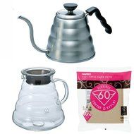 Hario V60 Series 800 ml Glass Kettle, 1200 ml Metal Kettle &amp; 100 Paper Filters Sold Together