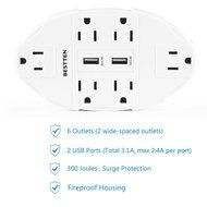 Bestten 6 Outlet Socket Wall Mount Surge Protector with Dual USB 3.1A Port Wall Charger N5