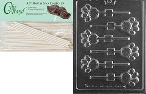 Cybrtrayd 45St25-A135 Paw Print Lolly Animal Chocolate Candy Mold with 25 4.5-Inch Lollipop Sticks