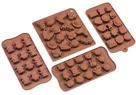 Cartoon Shaped Silicone Molds for Chocolate Candy-Cartoons, Characters, Insects and Animal Heads (Set of 4)