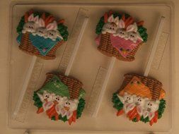 3 bunnies in basket w/ carrots in background E130 Easter Chocolate Candy Mold