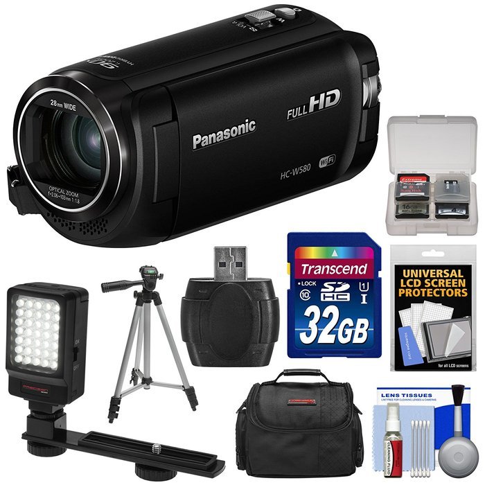 Panasonic HC-W580 Twin Wi-Fi HD Video Camera Camcorder with 32GB Card + Case + Tripod + LED Light + Reader + Kit