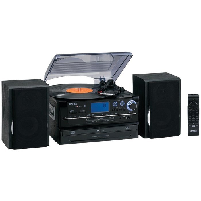 1 - 3-Speed Turntable System with CD & Cassette Encoding, Belt-driven, 3-speed stereo turntable, Records to CD...