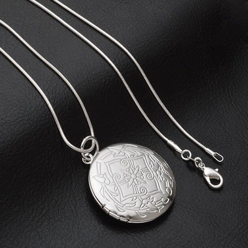 Women's Alluring Elegant Silver Plated Carving Locket Pendant Chain Necklace