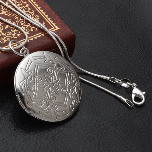 Women's Alluring Elegant Silver Plated Carving Locket Pendant Chain Necklace N2