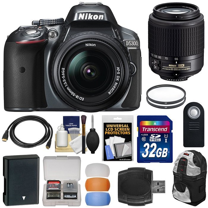 Nikon D5300 Digital SLR Camera & 18-55mm G DX II AF-S Zoom (Grey) with 55-200mm DX AF-S Lens + 32GB Card + Battery...