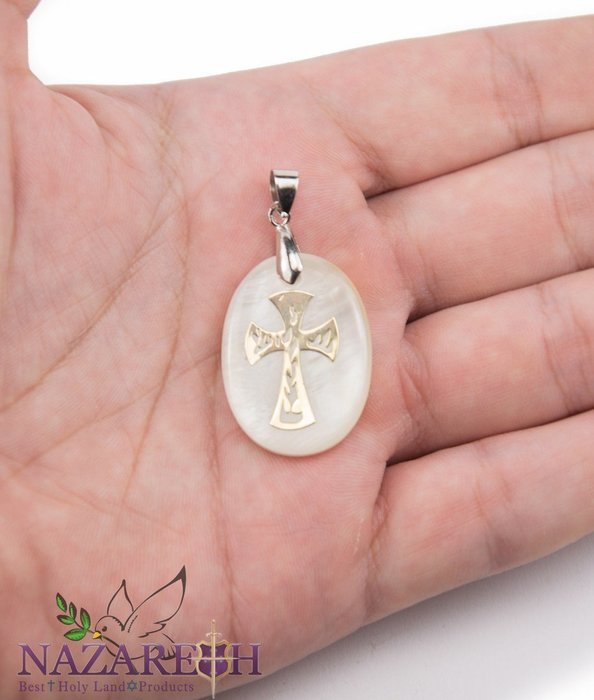 Cross Crucifix Pearl Pendant Mother of Pearl Handmade Amulet From Holy Land 1.2" N2