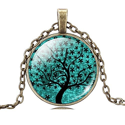 Vintage Eternal Life &Tree 3D Pattern Art glass Pendant cabochon chain Necklace