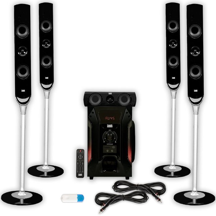 Acoustic Audio AAT1000 Tower 5.1 Speaker System with USB Bluetooth and 2 Extension Cables