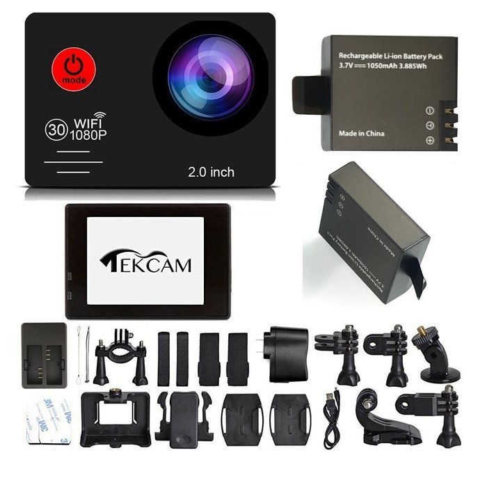 TEKCAM TC7000 2.0inch 14MP HD Waterproof Wifi Action Camera with 2 Batteries and Free Accessories (Black)