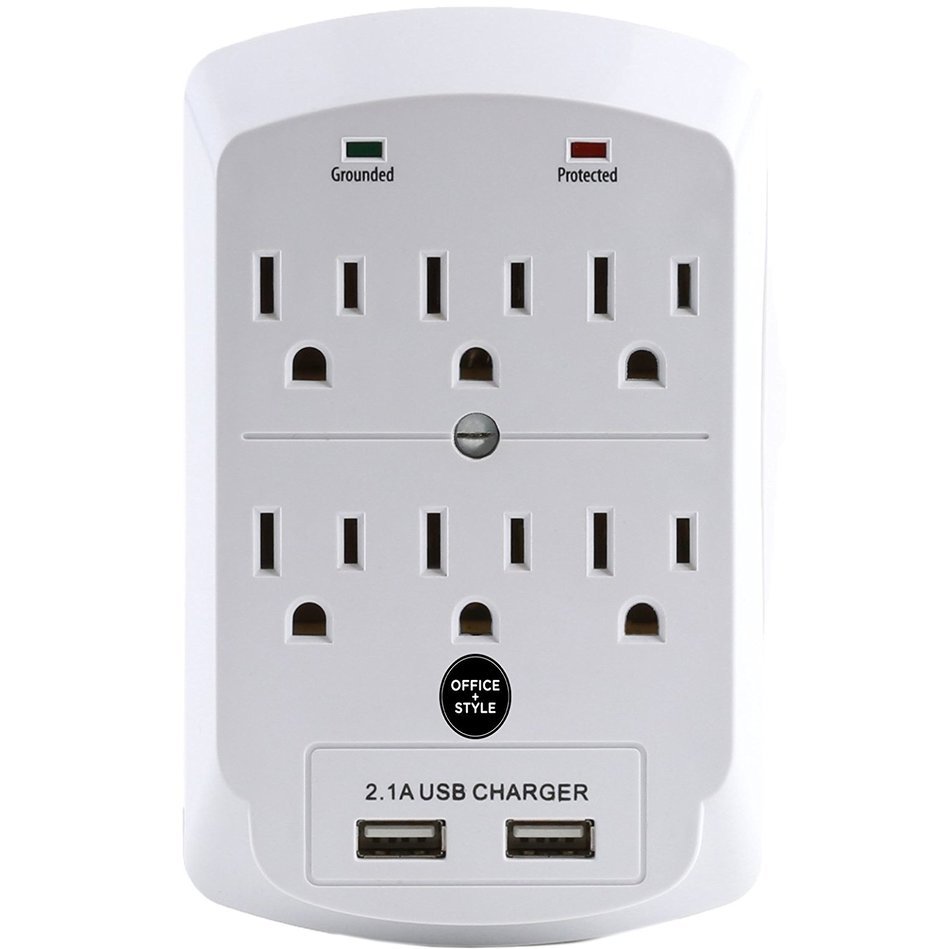 Surge Protector, Electronics Charging Station, 6 Outlet 2 USB Port Wall Adapter with Safety Indicator Lights -... N21