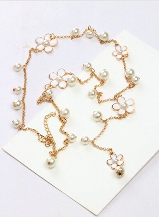 Elegant Women's Pearl Flower Sweater Chain Long Pendant Necklace Fashion Jewelry N3