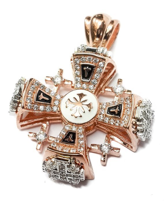Gold Silver Plated Jerusalem Cross Pendant Necklace Black Enamel Swarovski 1.3"