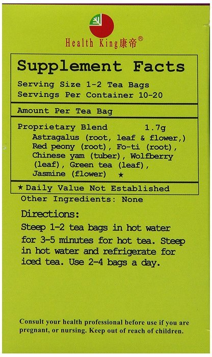 Health King Astragalus Immunity Herb Tea, Teabags, 20 Count Box N2
