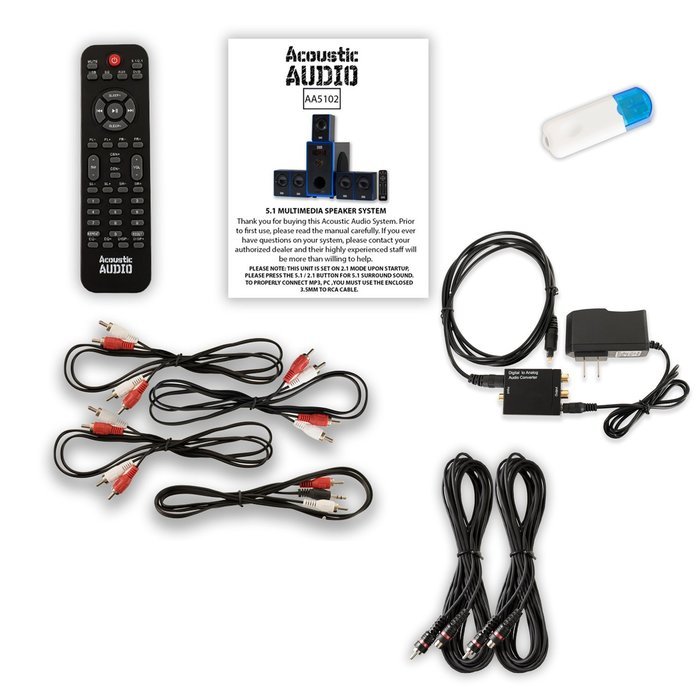 Acoustic Audio AA5102 Home 5.1 Speaker System with USB Bluetooth Optical Input and 2 Ext. Cables N2
