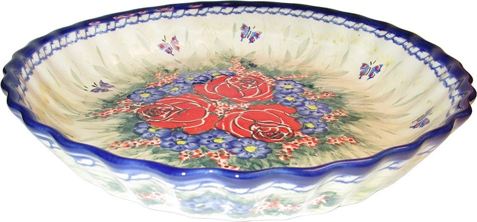 Boleslawiec Stoneware - Polish Pottery Pie Plate or Quiche Baker - Eva's Collection "Wild Roses" N2