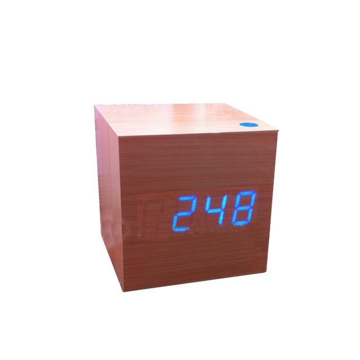 Autek Popular Cube USB Wood Wooden LED Alarm Digital Desk Clock with sound control (Bamboo Blue)