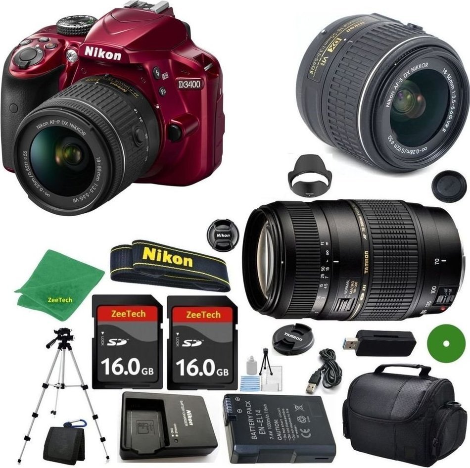 Nikon D3400 International Version - No Warranty, 18-55mm f/3.5-5.6 VR, Tamron 70-300mm DI LD Zoom, 2pcs 16GB ZeeTech...