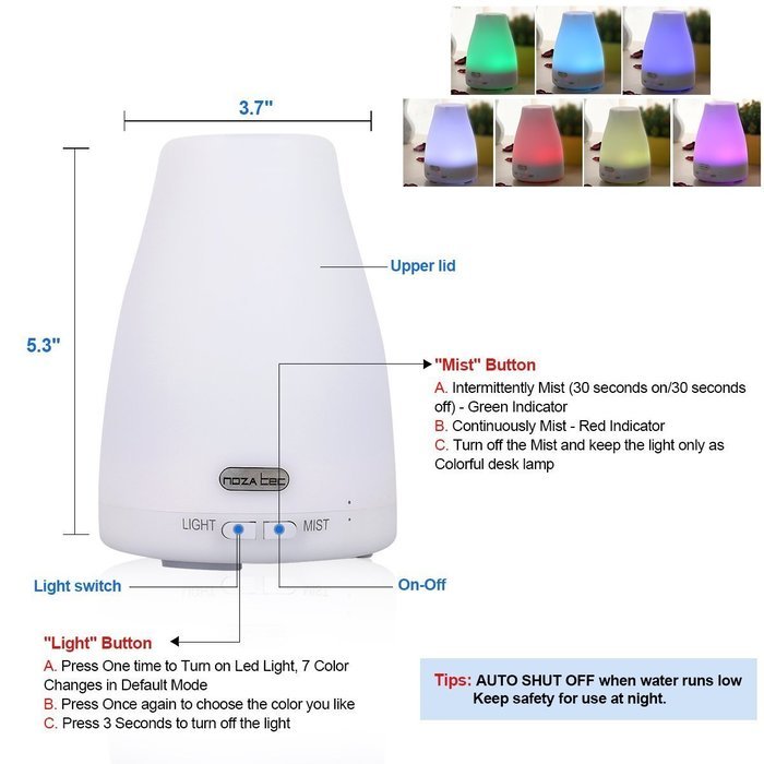 Aroma Essential Oil Diffuser, Noza Tec Cool Mist Air Humidifier Adjustable Mode,Waterless Auto Shut-off LED Light N9
