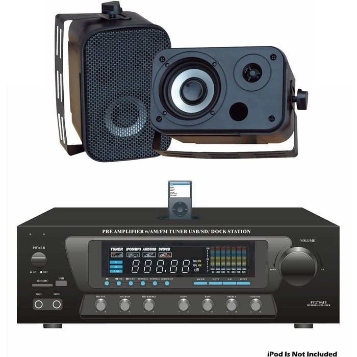Pyle Stereo Receiver and Marine Speaker Package - PT270AIU 600 Watts Stero Receiver AM-FM Tuner, USB/SD, Ipod... N2