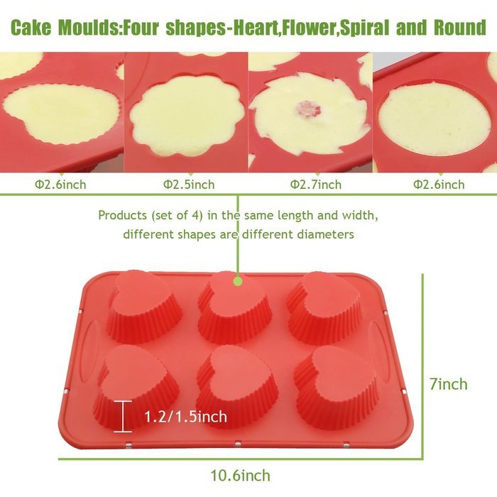 Cupcake Pan, Silicone Cake Mold with Steel Edge 4 Packs 24 Cups Silivo Muffin Mold Round, Heart, Spiral, Flower...