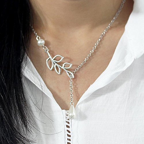 Lady's Charm Simple Leaves Pearl Statement Choker Silver Chain Necklace Jewelry N5