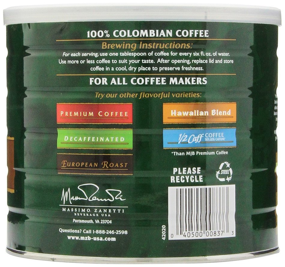 MJB Coffee 100% Colombian Ground, 23 Ounce N19
