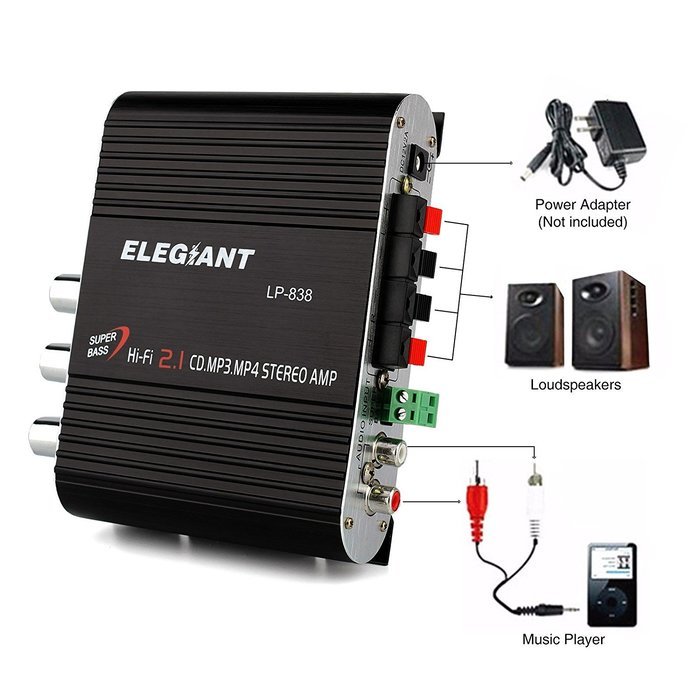 ELEGIANT 200W 12V Mini Hi-Fi Amplifier Booster Radio MP3 Stereo with Power Adapter for Car Motorcycle Home Black...