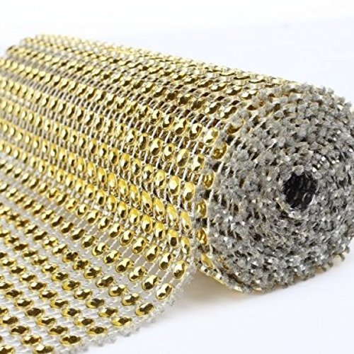24 Rows Wedding Diamond Mesh Wrap Roll Sparkle Rhinestone Looking Ribbon 4.6'',Golden